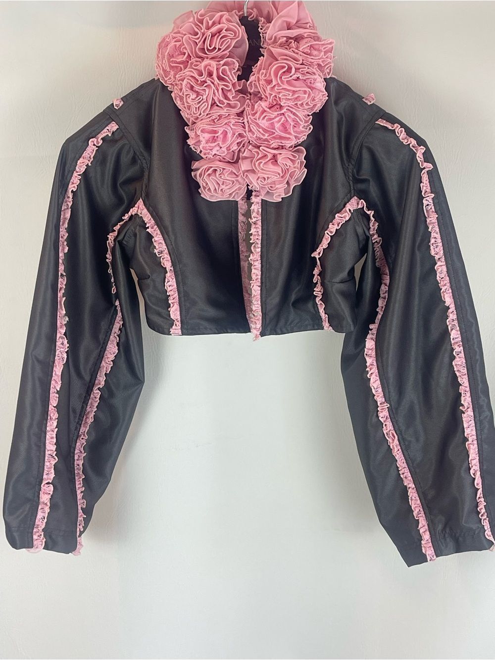 Bye Bambi Gray Pink Ruffle Cropped Bolero Jacket AU 8 US 4 Y2K - Picture 2 of 11